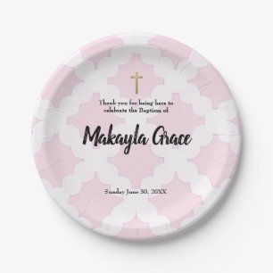 Personalised Baby Girl Pink Baptism gold cross Paper Plate