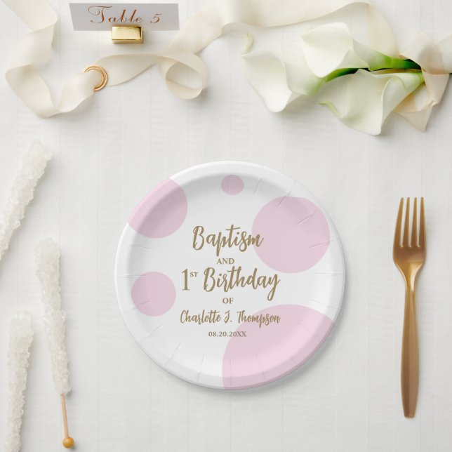 Personalised Baby Girl Pink Baptism & gold Custom Paper Plate (Wedding)