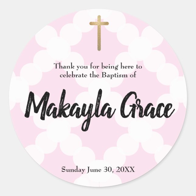 Personalised baby girl pink baptism thank you classic round sticker (Front)