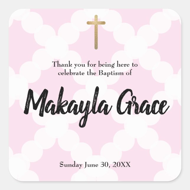 Personalised baby girl pink baptism thank you square sticker (Front)