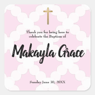 Personalised baby girl pink baptism thank you square sticker