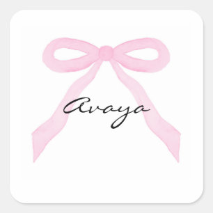 Personalised Baby Girl Pink Bow Square Sticker