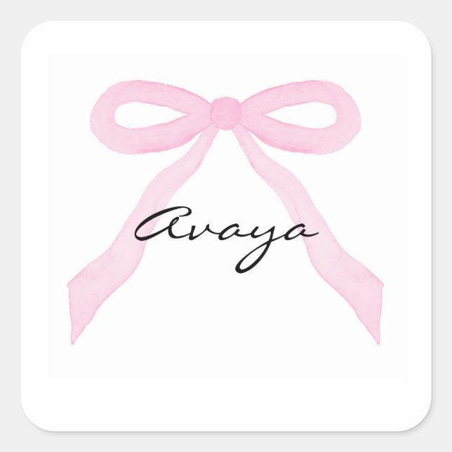 Personalised Baby Girl Pink Bow Square Sticker (Front)