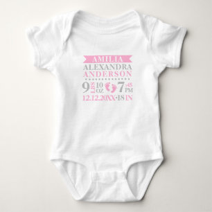 Personalised Baby Girl Pink Grey Birth Stats Bodysuit