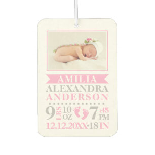 Personalised Baby Girl Pink Grey Birth Stats Car Air Freshener