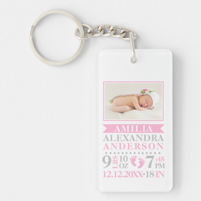 Personalised Baby Girl Pink Grey Birth Stats Key Ring (Front)