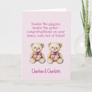 Personalised Baby Girl Twins Congratulations Bear Card