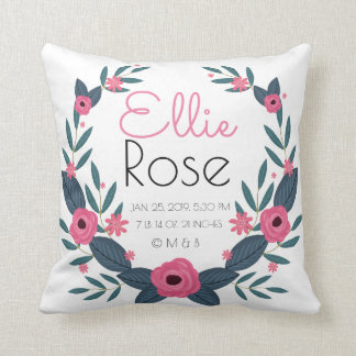 Personalised Baby Girl Wreath Birth Record Stats Cushion