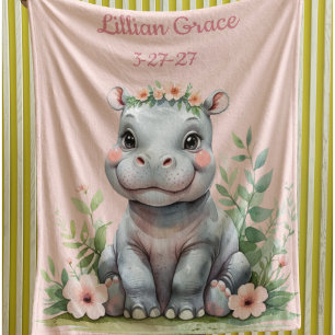 Personalised Baby Hippo Girl's Safari Nursery Fleece Blanket