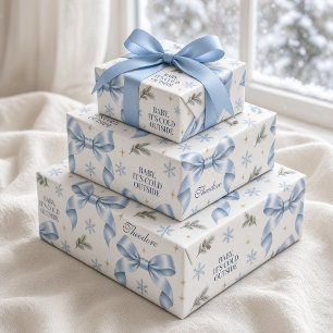 Personalised Baby It’s Cold Outside Blue Bow Wrapping Paper