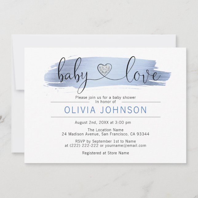 Personalised Baby Love Blue White BOY Baby Shower Invitation (Front)
