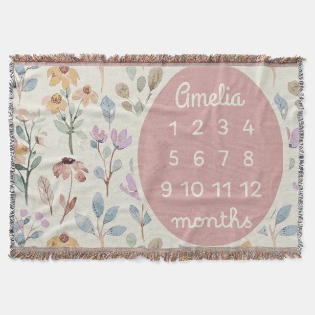 Personalised Baby Milestone Blanket Girl Floral  (Front)