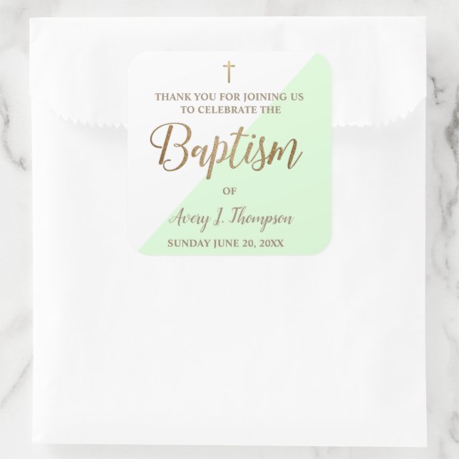 Personalised Baby mint green baptism thank you Square Sticker (Bag)