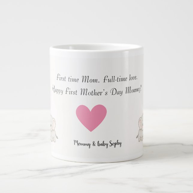 Personalised Baby & Mother Elephant with Heart -  Large Coffee Mug (Front)