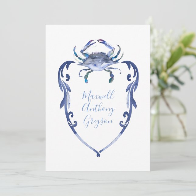 Personalised Baby Name Card Blue Crab (Standing Front)