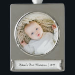 Personalised Baby Name Photo First Christmas Silver Plated Banner Ornament<br><div class="desc">Personalised Baby Name Photo First Christmas Silver Plated Banner Ornament

Can be fully customised to suit your needs.
© Gorjo Designs. Made for you via the Zazzle platform. 

// Need help customising your design? Got other ideas? Feel free to contact me (Zoe) directly via the contact button below.</div>