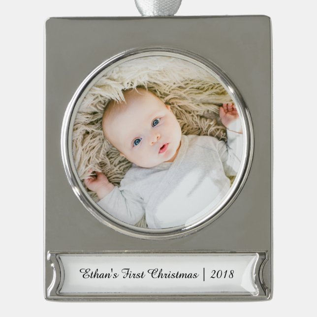 Personalised Baby Name Photo First Christmas Silver Plated Banner Ornament (Front)
