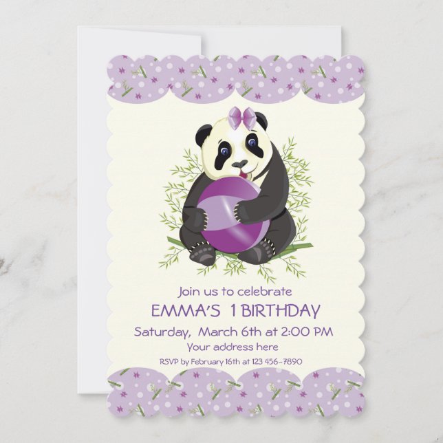 Personalised baby panda playing ball birthday invitation (Front)