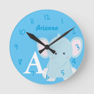 Personalised Baby Pastel Blue Elephant Round Clock
