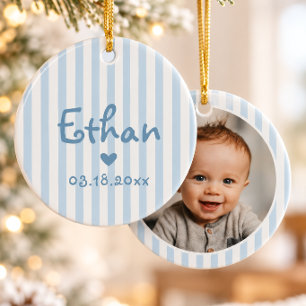 Personalised Baby Photo Christmas Blue Stripes Ceramic Tree Decoration