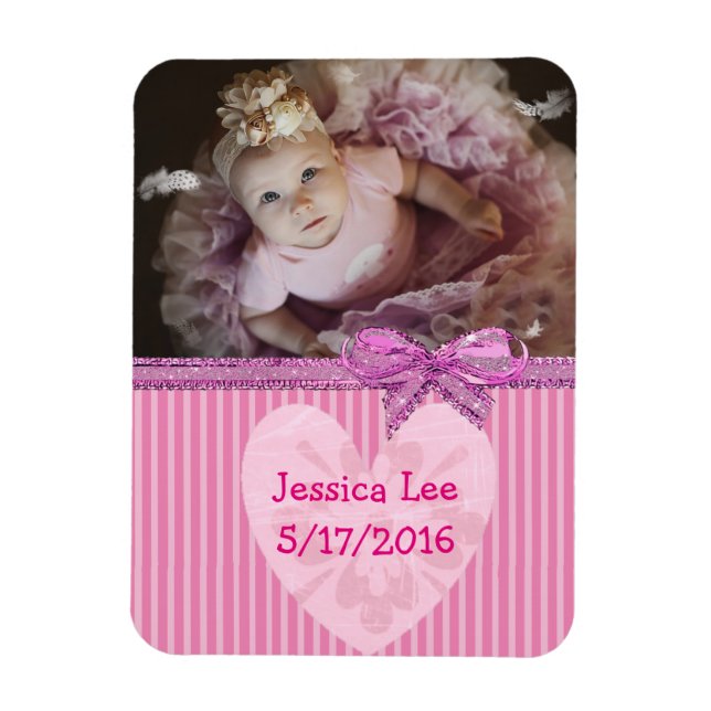 Personalised Baby Photo Magnet Pink Stripes (Vertical)