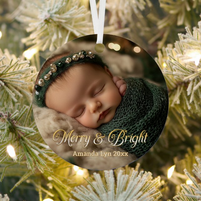 Personalised Baby Photo Merry & Bright Metal Tree Decoration (Insitu)