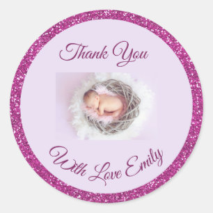 Personalised Baby Photo Pink Glitter Thank You Classic Round Sticker