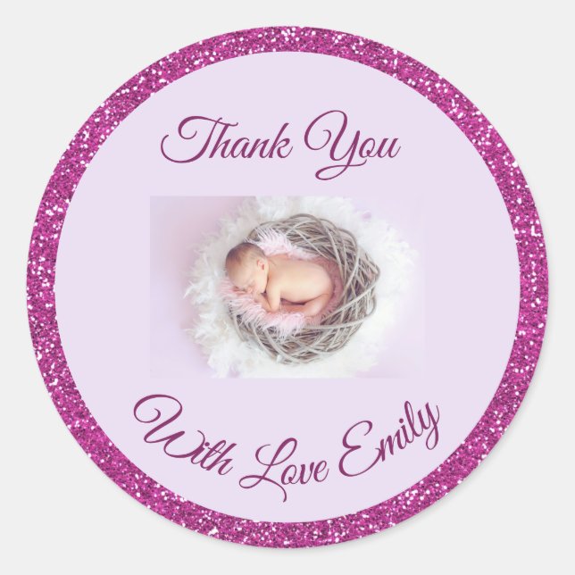 Personalised Baby Photo Pink Glitter Thank You Classic Round Sticker (Front)