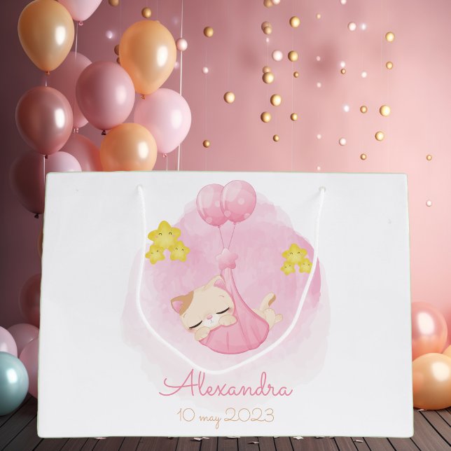 Personalised Baby Pink Cat Custom Name and Date Large Gift Bag (Creator Uploaded)