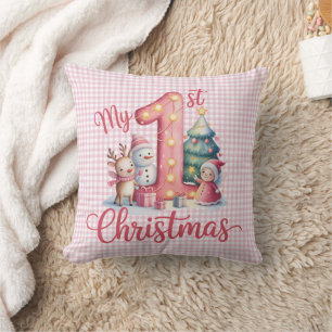 Personalised Baby Pink Gingham My First Christmas Cushion
