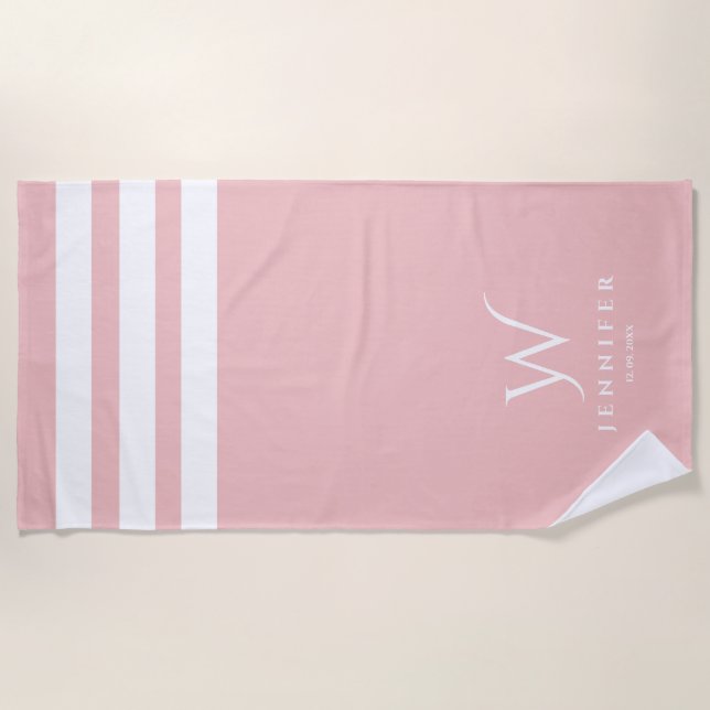 Personalised baby pink stripes Beach Towel (Front)
