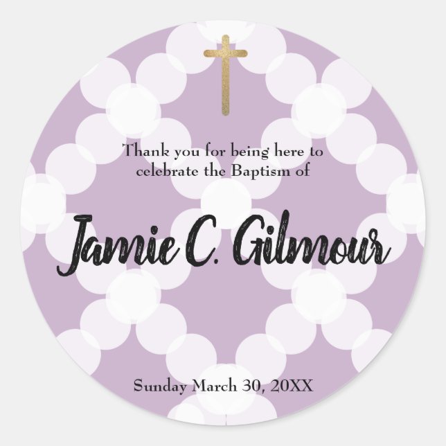 Personalised baby purple theme baptism thank you classic round sticker (Front)