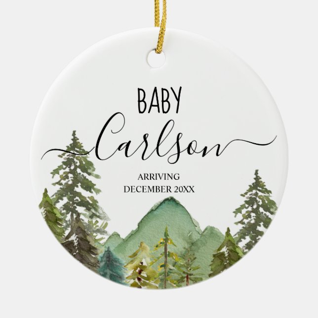 Personalised Baby Reveal Pregnancy Mountain Ceramic Tree Decoration (Front)