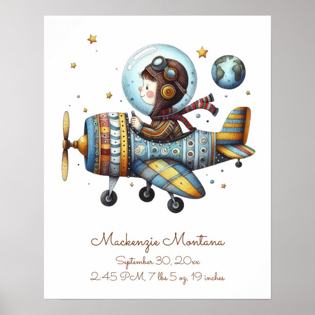 Personalised Baby Room Artwork Child Flying Plane Poster (Front)