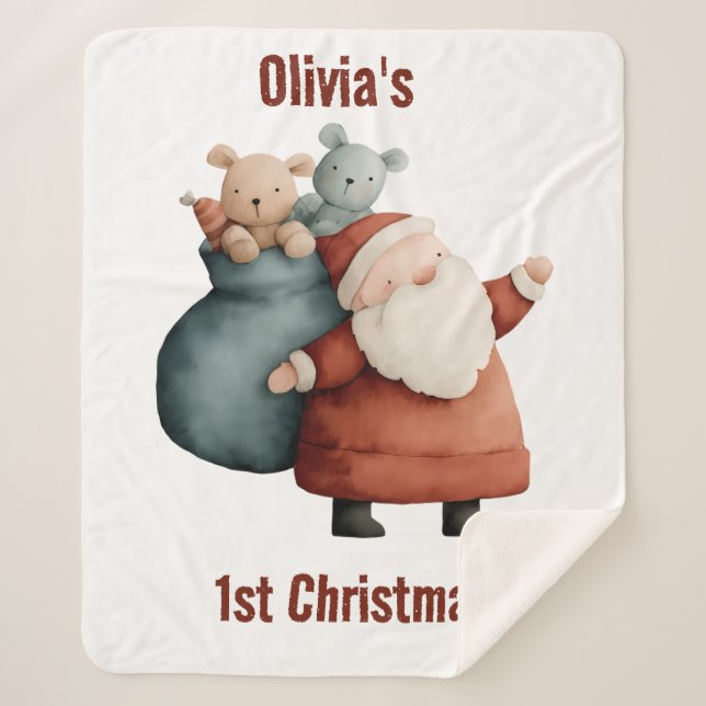 Personalised Baby’s 1st Christmas Santa Sherpa Blanket (Front)