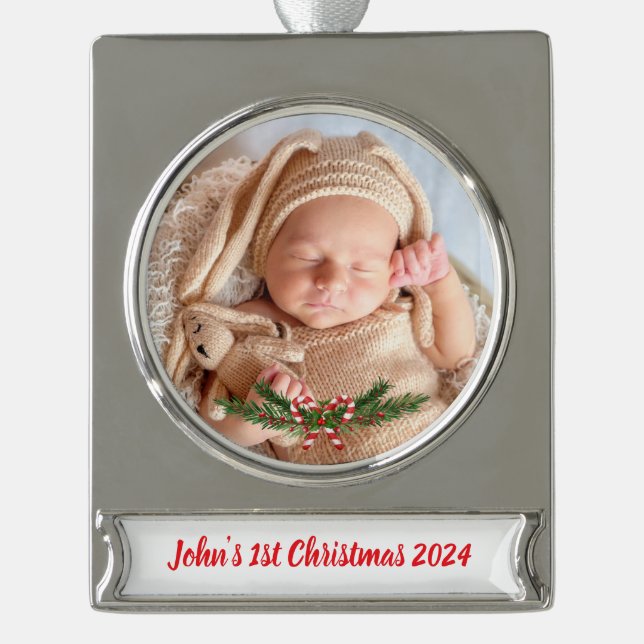 Personalised Baby’s 1st Christmas with photo Silver Plated Banner Ornament (Front)