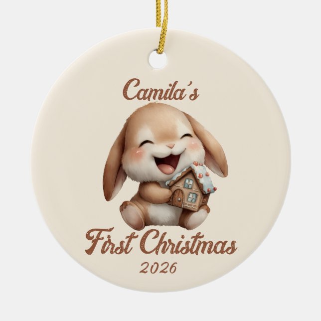 Personalised Baby’s First Christmas Bunny Ceramic Tree Decoration (Front)