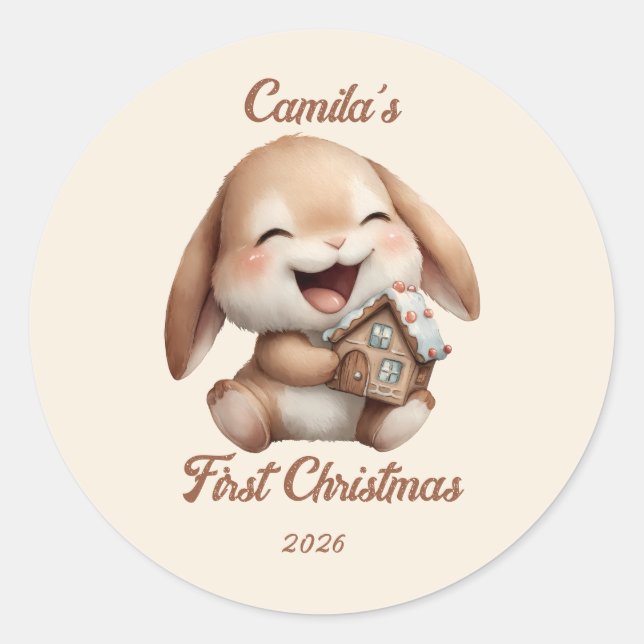 Personalised Baby’s First Christmas Bunny Classic Round Sticker (Front)