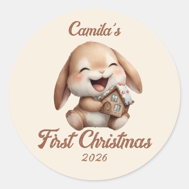 Personalised Baby’s First Christmas Bunny Classic Round Sticker (Front)