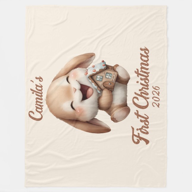 Personalised Baby’s First Christmas Bunny Fleece Blanket (Front)