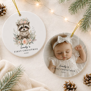 Personalised Baby’s First Christmas Photo Racoon Ceramic Tree Decoration