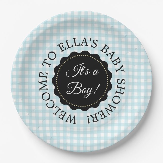 Personalised Baby Shower Blue Chevron Paper Plates (Front)