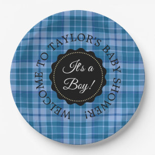 Personalised Baby Shower Blue Plaid Paper Plates