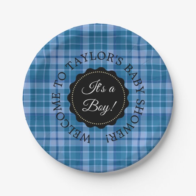 Personalised Baby Shower Blue Plaid Paper Plates (Front)