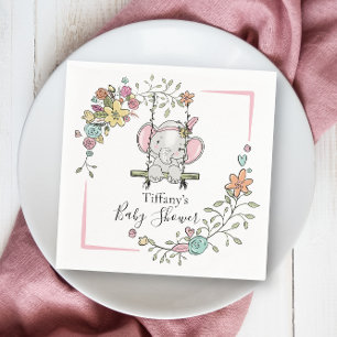 Personalised Baby Shower Cute Elephant Girl Floral Napkin