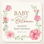 Personalised Baby shower favour Baby in bloom Square Paper Coaster<br><div class="desc">Give a souvenir to remember the mum-to-be's Baby in Bloom themed baby shower with these custom coasters. Featuring my watercolor flowers,  peonies,  roses,  leaves and some wildflowers. Pink,  green and peach on cream.</div>