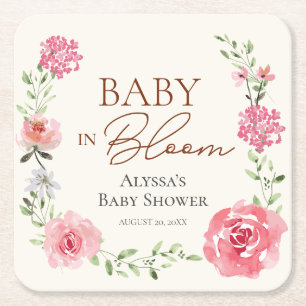 Personalised Baby shower favour Baby in bloom Square Paper Coaster