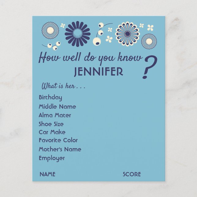 Personalised Baby Shower Game Sheets Blue Floral Flyer (Front)
