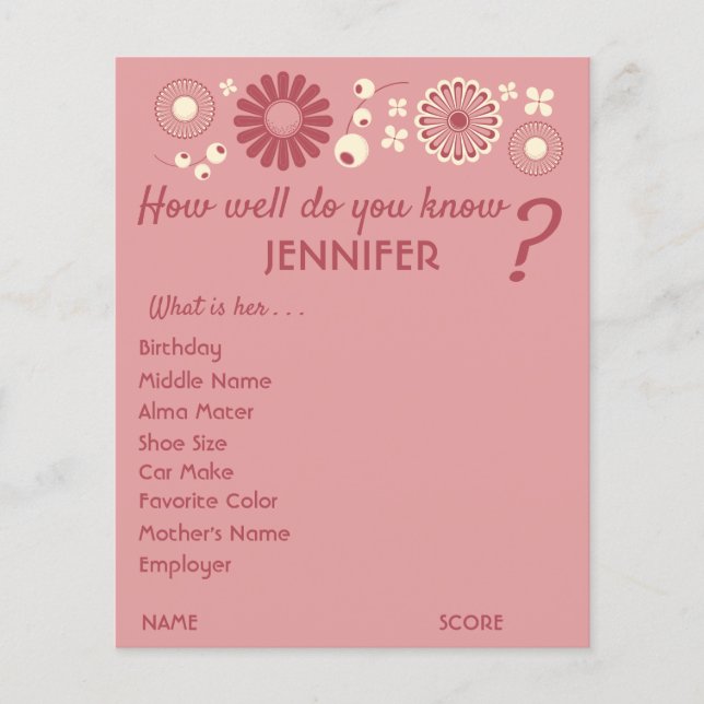 Personalised Baby Shower Game Sheets Pink Floral Flyer (Front)