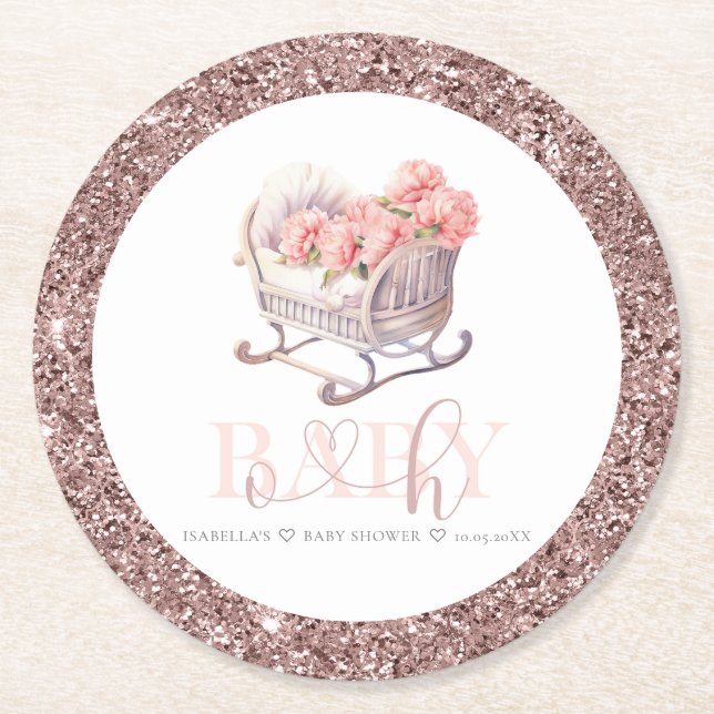 Personalised Baby Shower Glitter Baby Basket Round Paper Coaster (Front)